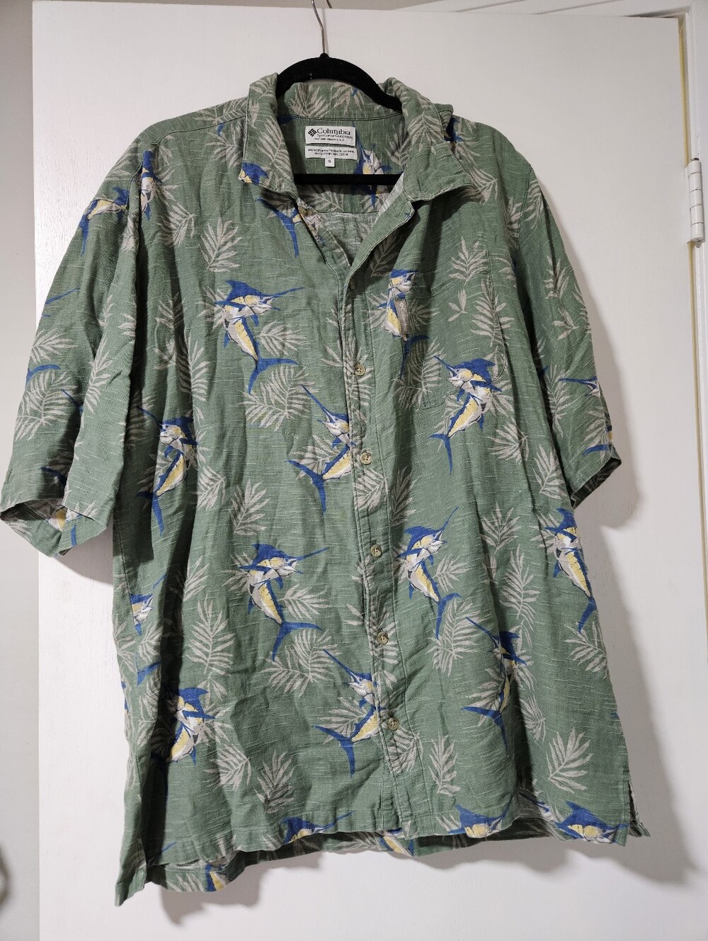 Columbia Sportswear Green Marlin Fish Tropical Palm Leaf Short Sleeve Shirt XL